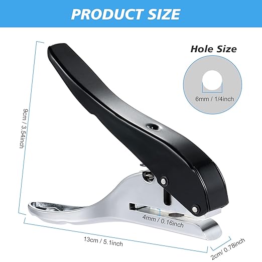 Heavy Duty Single Hole Punch - Portable Hand Held for Tags, Paper, Cards, Plastic, Cardboard (6MM Black)