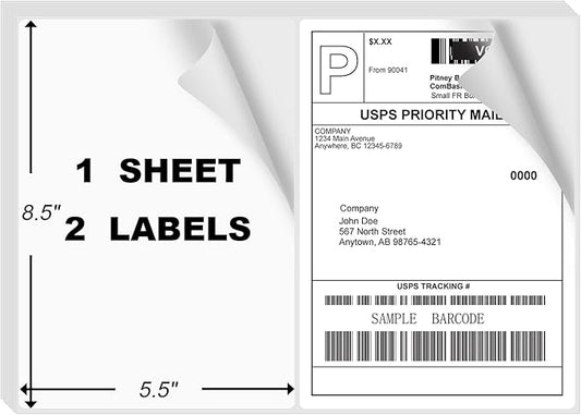 8.5" x 5.5" Half Page Self Adhesive Shipping Label, Compatible Laser & Inkjet Printers, White, 2 Labels Per Sheet(4000 Sheet Total 8000 Labels)