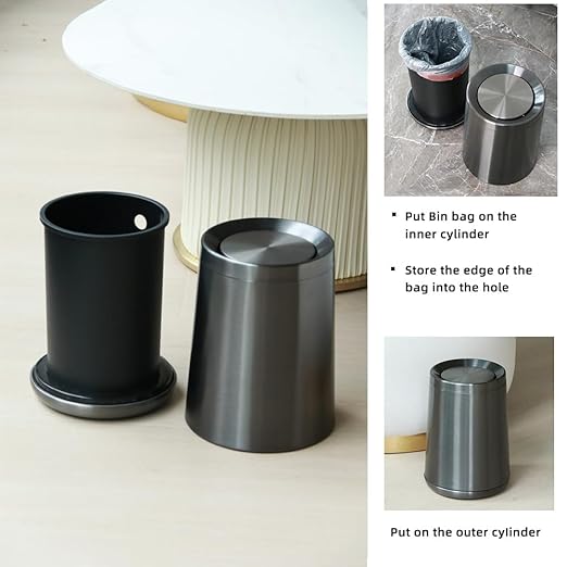 10 L/2.6Gallen,Swing Lid Trash Can,Brushed Stainless Steel Garbage Can with Flipping Lid,for Bathroom, Kitchen,Living Room,Bedroom,Hotel (Black Gold)