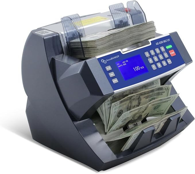 AccuBANKER AB4200MGUV Bill Counter Machine, 300 Bills Hopper Capacity Variable Counting Speeds up to 1,800 Bills/Min with 3-Point Counterfeit Detector Magnetic Ultraviolet, Commercial Grade, UL & CE