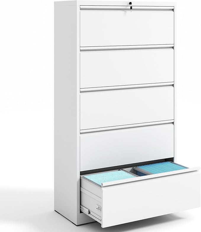 5 Drawer Lateral File Cabinet with Lock, File Cabinets for Home Office Legal/Letter A4 Size, File Cabinet Storage Cabinet, Require Assembly, White