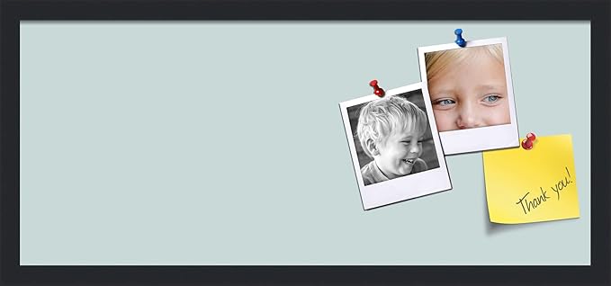 PinPix 28x12 Inch Cork Bulletin Board. This Decorative Framed Pin Board Comes with Soft Blue Design and a Satin Black Frame. Ideal for Home Office Decor or Message Board (PinPix-1814)