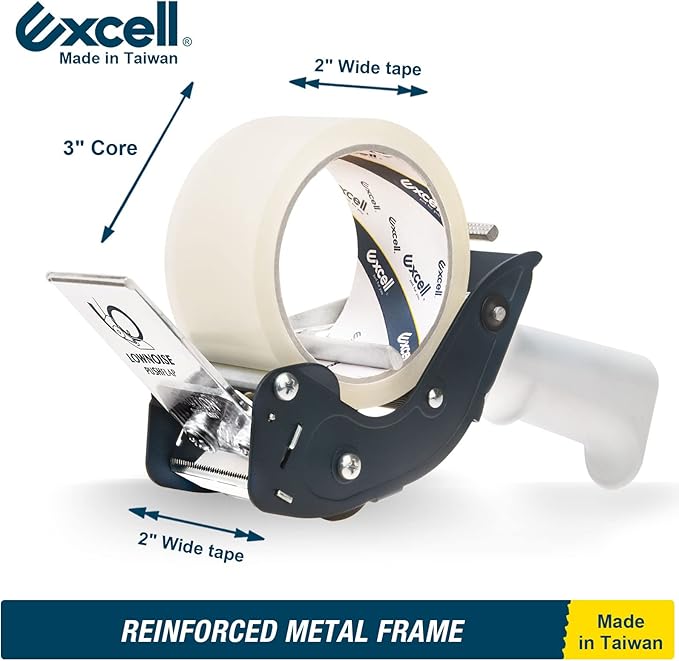 Excell RTS-82891 Low Noise Tape Dispenser, 2" Wide, 3" Core with Pushflap Technology & Static Cling Strip for Quiet, Smooth Carton Sealing - Includes Tape Roll, 1 Pack