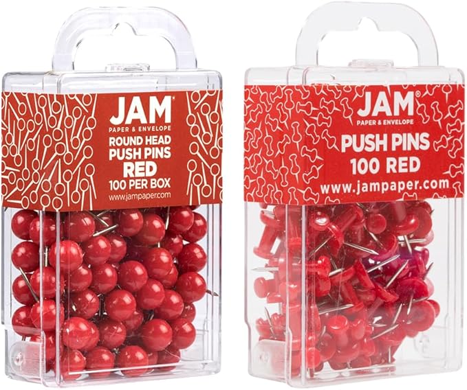 JAM PAPER Colorful Push Pins - Flat & Round Head Thumb Tack Combo Set - Red Pushpins - 200/Pack