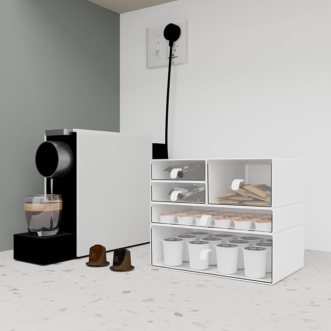 Desk Organizer Set, White & Clear Stackable Dustproof Storage Boxes for Desktop, Office, Bathroom, DIY Craft & Vertical Space Saving, Perfect for Makeup, Stationery Organization (5 Drawer)