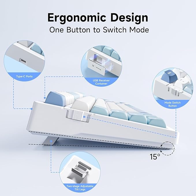 G98 PRO Wireless Gaming Keyboard, Tri-Mode Connection Mechanical Keyboard, Hot Swappable Custom Gasket Structure, Pre-lubed Linear Switches, Double Shot PBT Keycaps, RGB LED Backlit, Blue&White