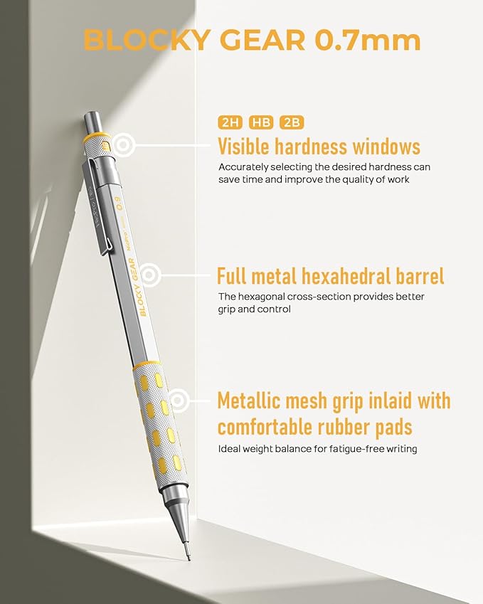 Nicpro Blocky Gear 0.9 mm Mechanical Pencils Set in Case, Metal Pencil with 0.9mm HB Lead Refills, Eraser for Professional & Adult Art Writing Drafting Drawing