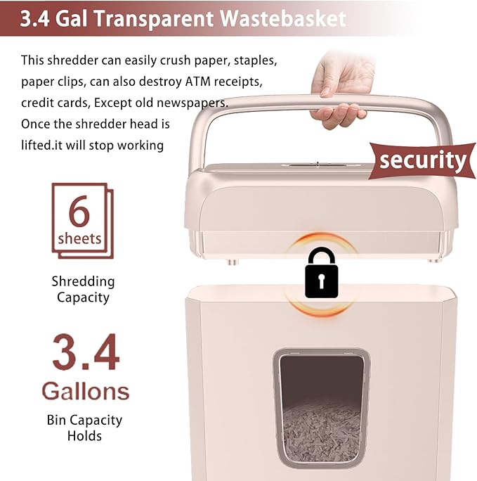 Bonsaii 6-Sheet Cross-Cut Pink Shredder, P-4 High Security Level, Compact Design for Home and Office, Shreds Paper, Credit Cards, Staples, Clips, 3-Minute Continuous Shredding, 3.4-Gal Bin