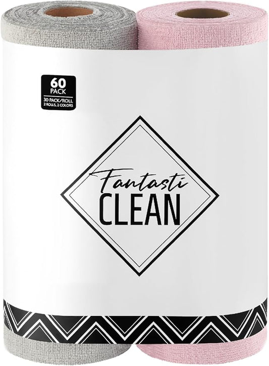 Fantasticlean Microfiber Cleaning Cloth Roll -60 Pack, Tear Away Microfiber Towels, 12" x 12", Reusable, Washable, Scratch Free, Ultra Absorbent Dish Rags for Car, Home, Garage or Shop (Pink & Grey)
