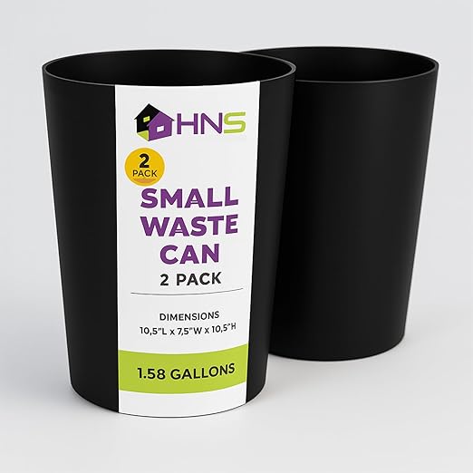HOLDN’ STORAGE Small Trash Can - Set of 2 Open Top Waste Bin of 1.58 Gallon, Compact Waste Can Perfect for Bathroom, Kitchen, Office, Dorm - Durable Garbage Can - Glossy Black