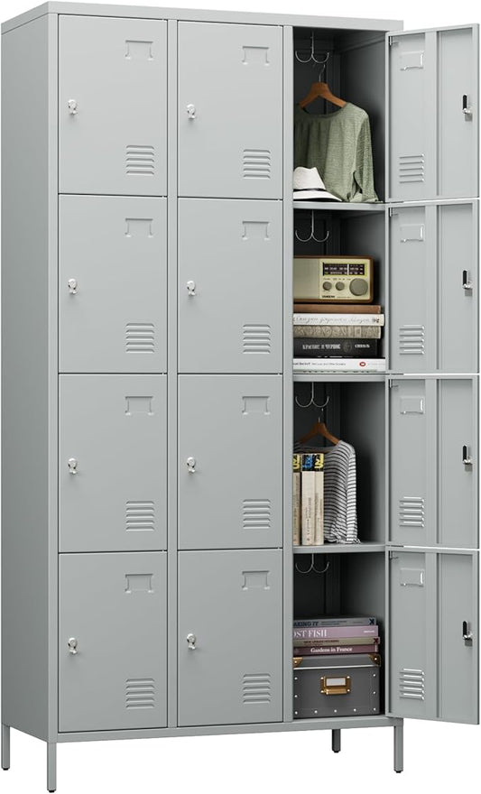 Metal Lockers for Employees with 12 Door & Hooks,Metal Storage Locker with Lock and Card Slot for School Office Garage Gym Bedroom Home,Assembly Required,12 Doors Light Grey