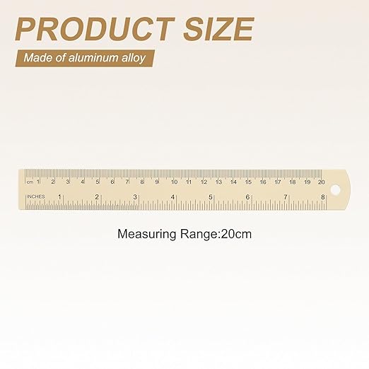 HARFINGTON 6pcs Metal Straight Ruler 20cm Metric SAE Aluminum Alloy Measuring Rulers Scale Tool with Hole for Measure Study Reading Classroom Office, Beige