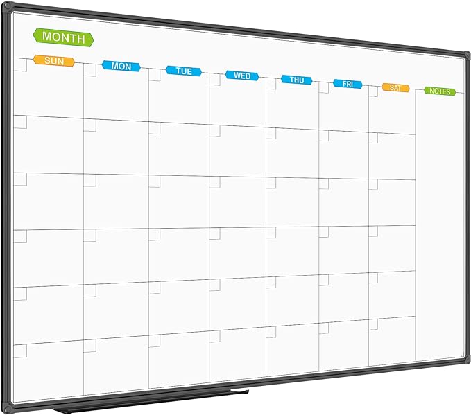 JILoffice Large Dry Erase Calendar Whiteboard - Magnetic White Board Calendar Monthly 60 X 40 Inch, Black Aluminum Frame Wall Mounted Board for Office Home and School