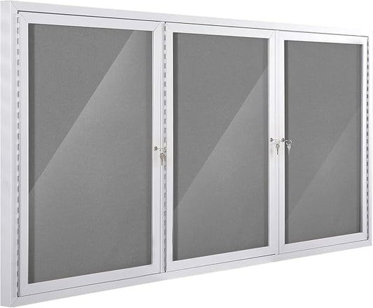 SWANCROWN Weather Resistant Enclosed Bulletin Board Gray Fabric Displays Boards Wall Mounted Notice Cabinet with Three Locking Doors, 70x36 inches