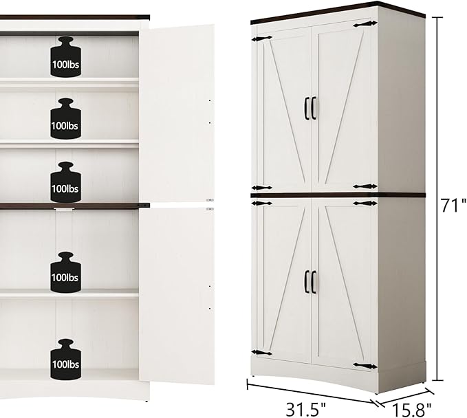 71in Farmhouse Kitchen Pantry Cabinet,Tall Storage Cabinet with 4 Doors and Adjustable shelves,with Load-Bearing Steel Pipe,Wood Storage Cabinets for Kitchen,Dining Room,Bathroom(White)