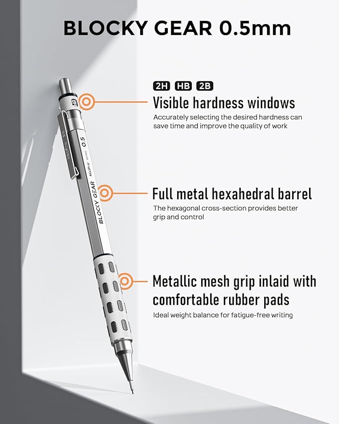 Nicpro Blocky Gear 0.5 mm Mechanical Pencil Set in Case, Metal Pencil with Lead Refills, Eraser for Professional & Adult Art Writing Drafting Drawing