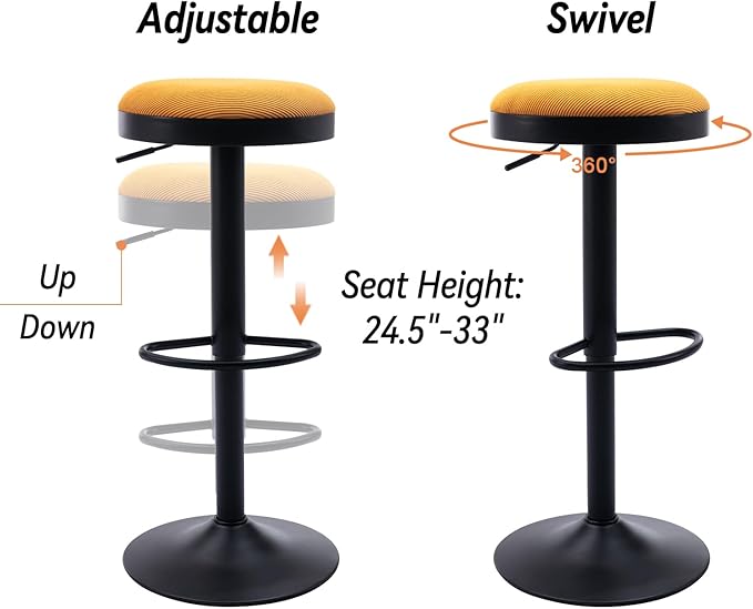 Round Swivel Counter Height Bar Stools Set of 1 Modern Adjustable Barstools Backless Corduroy Bar Chairs Industrial Island Chairs with Metal Base/Footrest for Kitchen Island/Pub, Yellow