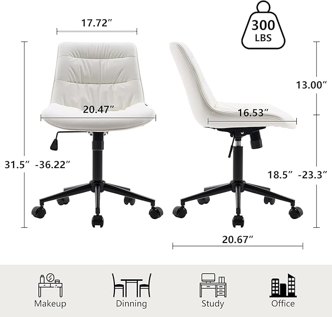Kidol & Shellder Faux Leather Office Chair, Adjustable Swivel Height Task Chair, Rolling Wheels & Soft Backrest - Armless Ergonomic Desk Chair for Home, Office,Vanity,Gaming（White）