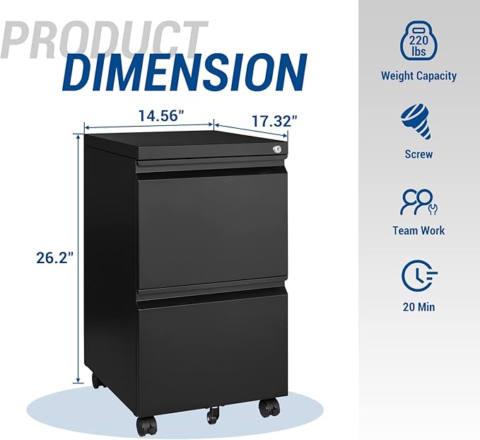 2 Drawer Vertical File Cabinet - Mobile Filling Cabinet with Lock for Legal/Letter Files - Office Storage File Cabinet with Wheels Under Desk - Assembly Required