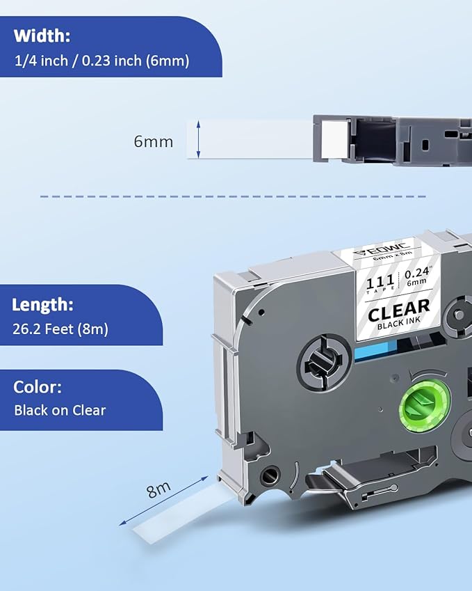 6mm 0.23 Laminated Clear Label Tape Tz-111 TZ Tape Compatible for Brother P-Touch Tze-111 1/4" Tze Label Refills Work for Ptouch Label Maker PT-D220 PT-D210 PT-H110 PT-D400, Black on Clear, 4-Pack