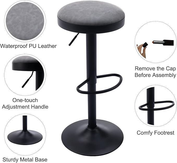 Round Swivel Counter Height Bar Stools Set of 4 Modern Adjustable Barstools Backless PU Leather Bar Chairs Industrial Island Chairs with Metal Base/Footrest for Kitchen Island/Pub/Bar, Grey