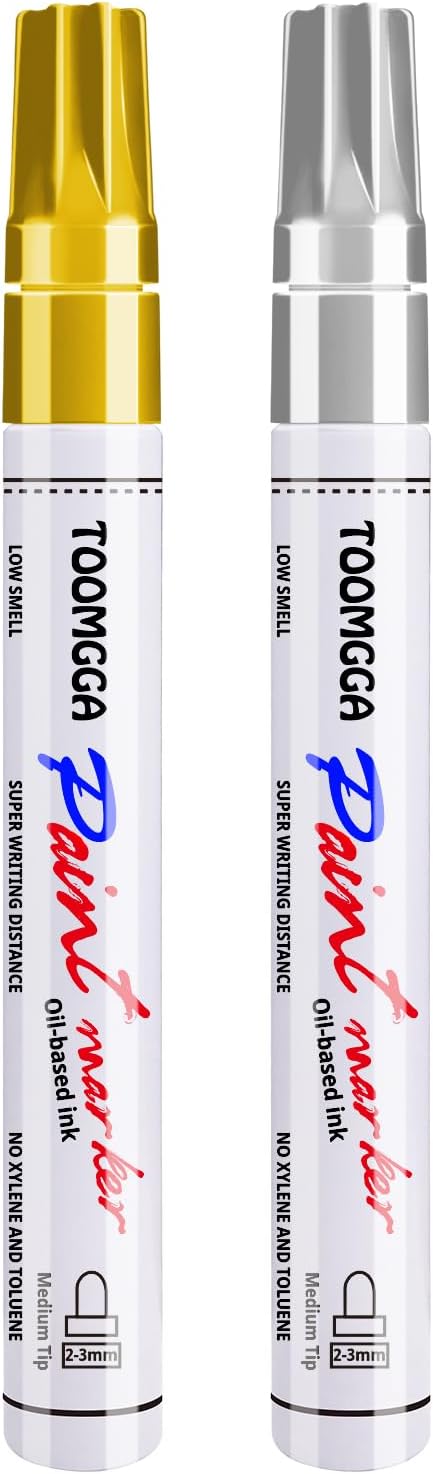 Gold and Silver Permanent Paint Pens - 2 Pack Oil Based Paint Markers, Pens for Rock Painting Car Tyre Metal, Plastic, Canvas, Mugs, Wood, Glass, Quick Drying and Waterproof, Medium Point