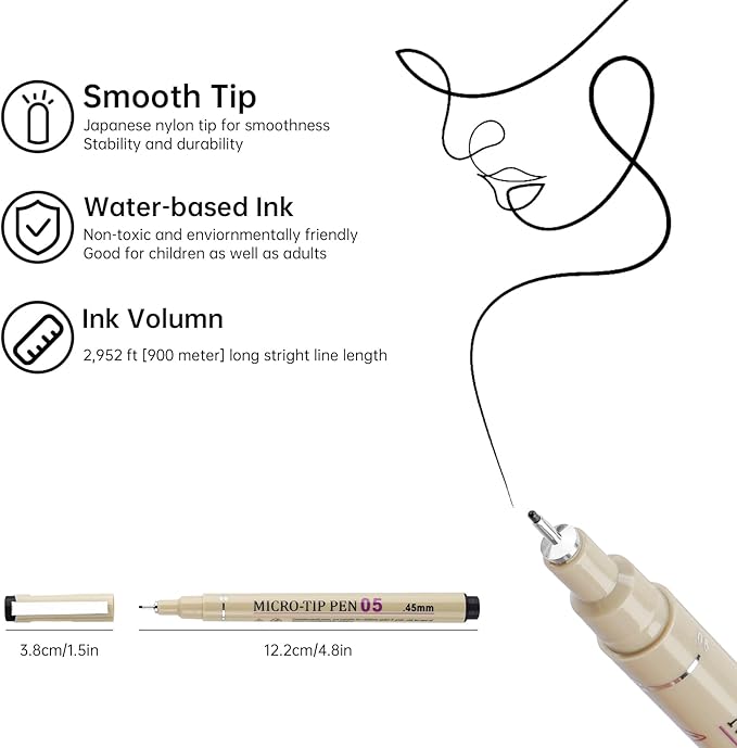 [12 Colors] 05 Micro, Fineliner Pen Set Ink, Fine Point Pen,Multi-liner, Sketching, Anime,Artist Illustrating/Technical Drawing,Office Documents