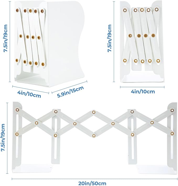 M&G Adjustable Bookends Book Ends for Shelves, Metal Bookend for Heavy Books, Desk Magazine File Organizer Holder Extends up to 20in, Book Stopper for Home, Office, Classroom (White)