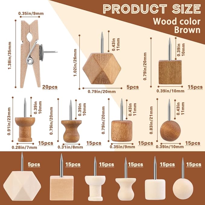 180 Pcs Wood Push Pins, 2 Colors and 7 Types Decorative Thumb Tacks Wooden Head Pin Map Tacks Marking Pin, Wood Thumb Tacks Decorative for Bulletin Boards Craft Projects with Storage Box