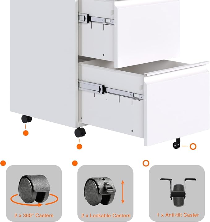 Aobabo Metal 2 Drawer Office File Cabinet with Lock, Under Desk Office Steel Files Cabinet on Wheels, 25.6''H Legal/Letter A4 Size, Fully Assembled Except Wheels,White