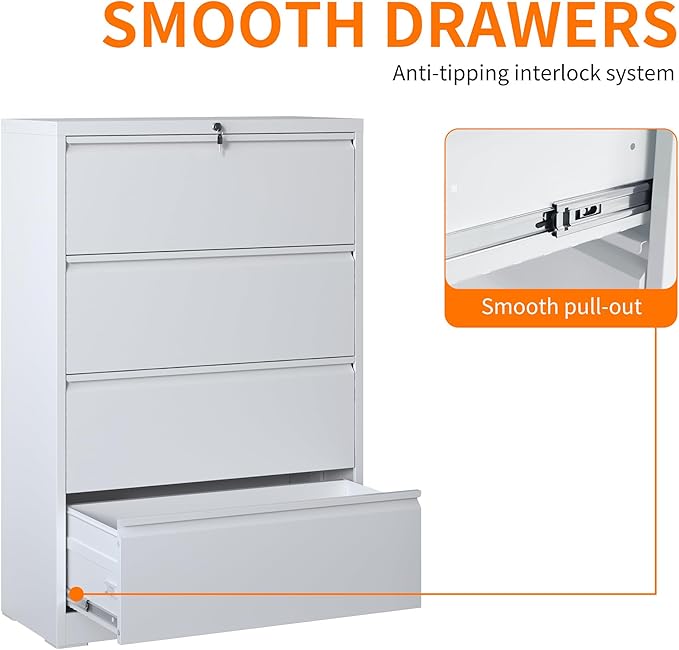 Locking Filing Cabinet with 4 Drawer Heavy Duty Large Metal Cabinet Home Office White Lateral File Cabinets Wide Steel Cabinets for Legal/Letter Size File,Assembly Required
