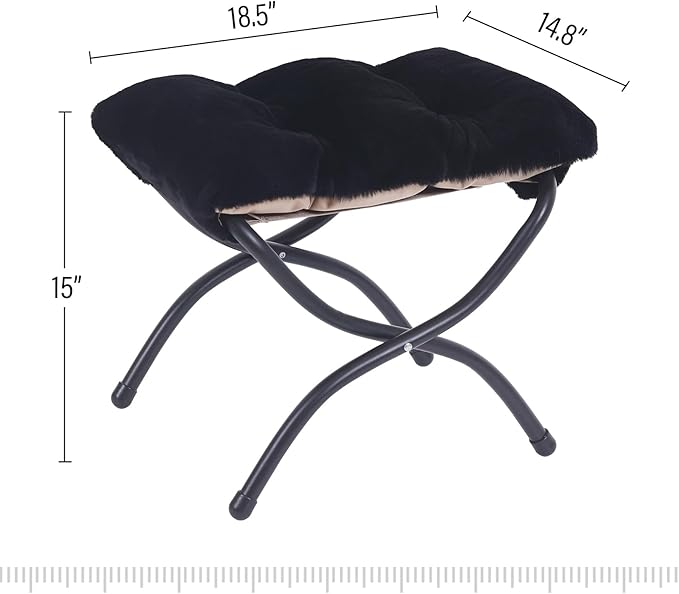 LITA Folding Upholstered Footrest Stool, Modern Small Portable Accent Ottoman with Detachable Thick Cotton Cushion Padded Sofa Stool with Metal Frame for Lazy Chair, Living Room & Bedroom, Plush Black