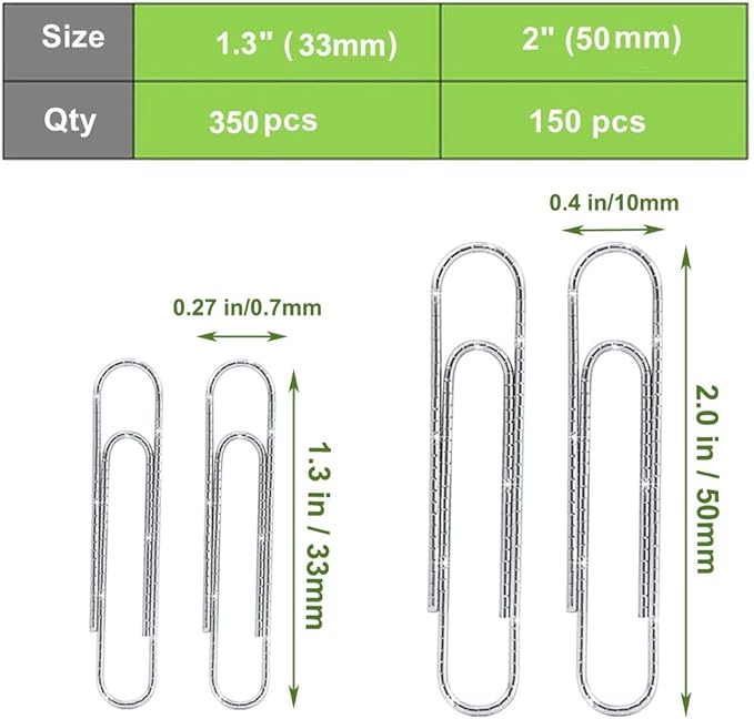 Vinaco Paper Clips Non Skid, 500PCS Medium and Jumbo Paper Clips (1.3 inch & 2.0 inch), Durable & Rustproof, Coated Paper Clip Great for Office School and Personal Use