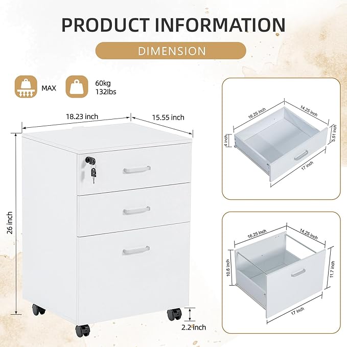 QDSSDECO 3 Drawer Mobile File Cabinet, Rolling Vertical Filing Cabinet fits A4, Legal Paper and Letter Paper for Home Office, White with Lock