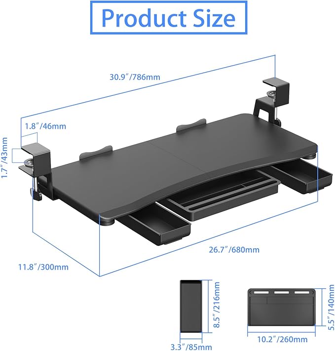 suptek Under Desk Keyboard Tray with Storage Drawer – 26.7" x 11.8" Large Workspace, Heavy-Duty C-Clamp Mount, Adjustable Height, Easy Installation – Perfect for Home Office, DSF6CT