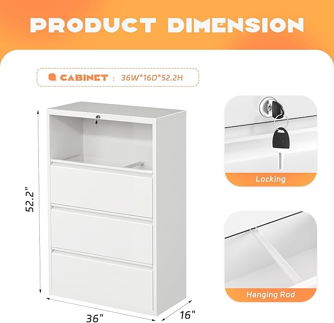 Superday Lateral File Cabinet 4 Drawer Metal File Cabinet with Lock, White Filing Cabinets for Home Office, Locking Filing Cabinets Hanging Files Letter/Legal/F4/A4
