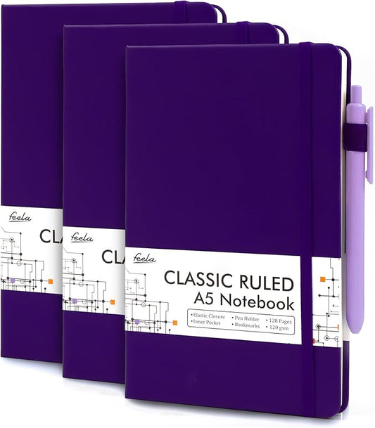 feela 3 Pack Notebooks Journals Bulk, Hardcover Notebook Classic Ruled Lined Journal Set with Pen Holder for Work Business Journaling Note Taking, with 3 Black Pens, 120 GSM, 5.1”x8.3”, A5, Purple
