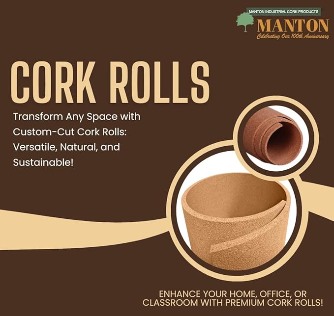 Manton Cork Premium Cork Roll - 4' x 5' x 3/8", 100% Natural Facing Grade Material for Bulletin Boards, Decorative Photo and Message Push Pin Displays - Perfect for Home, School, and Office