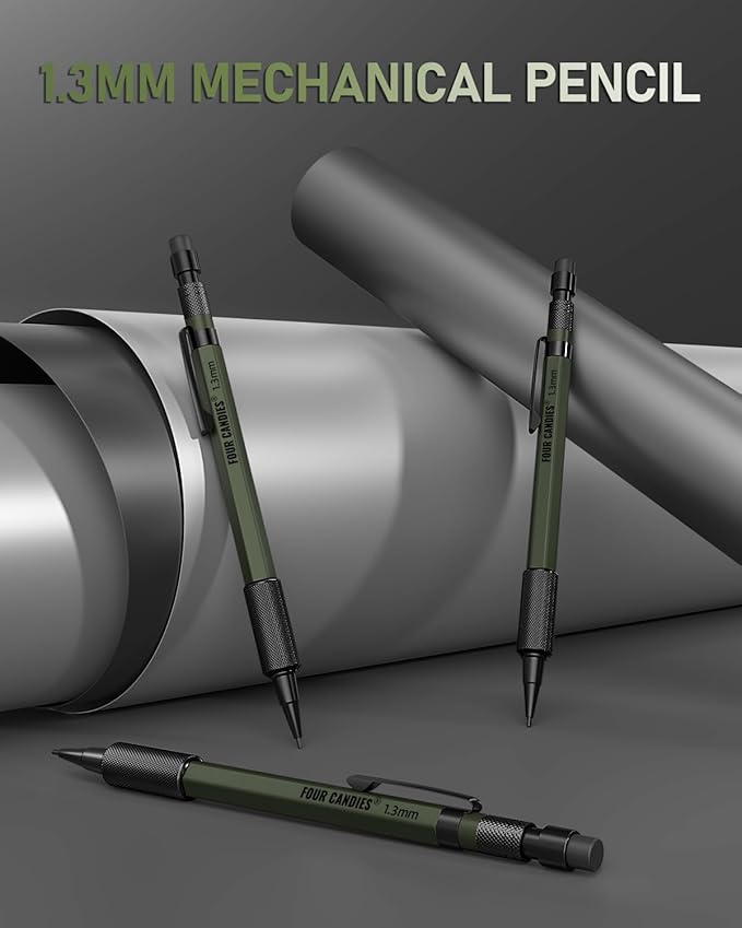 Four Candies 1.3mm Mechanical Pencil Set with 72 Lead Refill, 3PCS Metal Weatherproof Body Heavy Duty Carpenter Pencil, 3 Eraser, 16 Eraser Refill, for Outdoor Woodworking Drafting Marking with Case