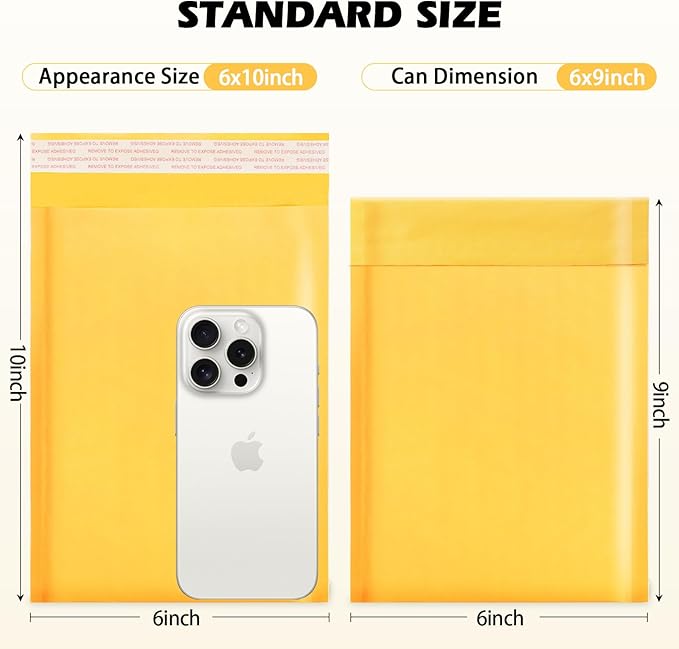 105Pack Yellow 6x10inch Kraft Bubble Mailers Small Business Mailing Packages Self-Sealing Paper Envelopes, Mailer Shipping Padded Envelopes with Strong Adhesion for Jewelry Makeup Supplies