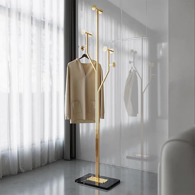 Gold Coat rack,Sturdy coat tree freestanding heavy duty with Marble Base,Metal standing coat rack for Bedroom,Entrance,Modern coat hanger stand for Coats,Hats,Bags(gold)