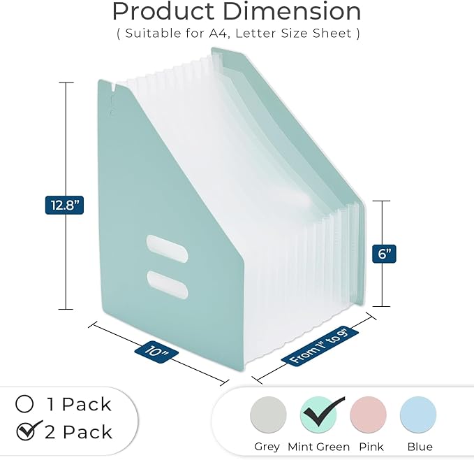 Y YOMA 2 Pack Expanding Magazine Holder with 13 Pockets | Portable Desktop Plastic Self Standing Accordion File Organizer for A4 Letter Size Document Storage Home Office School, Mint Green