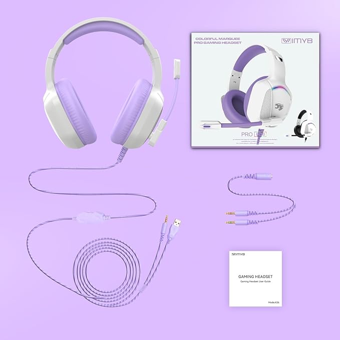 Gaming Headset with Microphone for Pc, Xbox One Series X/s, Ps4, Ps5, Switch, Stereo Wired Noise Cancelling Over-Ear Headphones with Mic, RGB, for Computer, Laptop, Mac, Nintendo (White Purple)