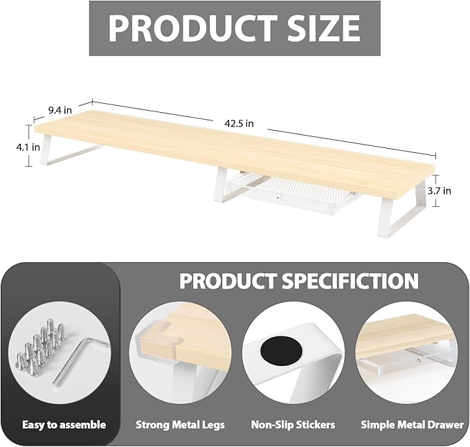 Aothia Dual Monitor Stand Riser - Monitor Stand with Drawer,Monitor Stand For 2 Monitors, Desk Shelf For Monitor with Metal Legs, Wood Monitor Stand with Storage Organize For Pc,Laptop,Screen (Oak)
