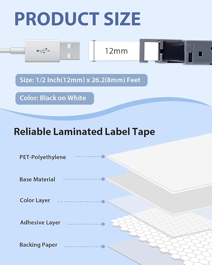6-Pack TZe-231 TZ Tape 12mm 0.47 Laminted White Compatible for Brother Ptouch Label Maker Tape TZe231 TZe-2312pk TZ-231 Refills for P Touch PT-D210 PTD220 H110 D610BT D400, 1/2" x 26.2 ft