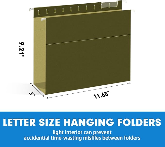 Extra Capacity Hanging File Folders, RAZCC 30 Pack Letter Size Reinforced Hanging Folders with Heavy Duty 3 Inch Expansion for Bulky Files, Filing Cabinet, Adjustable Tabs, Green