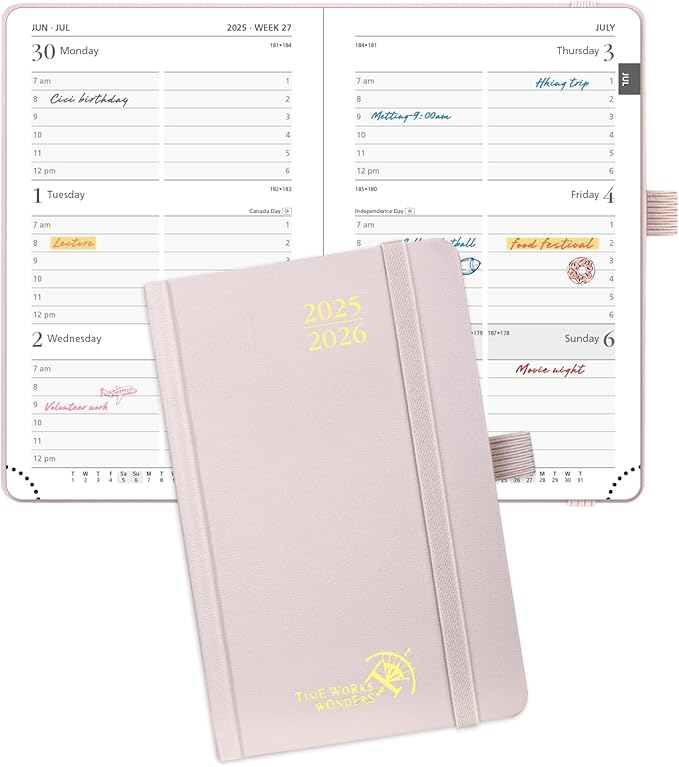 POPRUN Pocket Planner 2025-2026, (Purse Size 4''x 6.25'' Hard Cover) Academic Year Calendar Daily Weekly and Monthly (July 25-June 26) with Hourly Time Slots, 100 GSM Paper - Light Pink