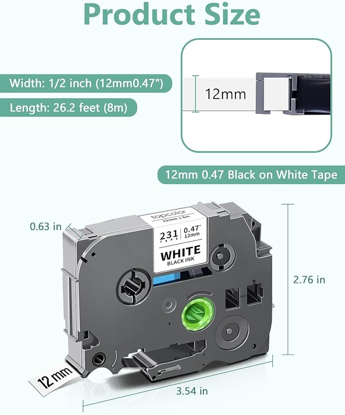 6-Pack Tze231 12mm Label Maker Tape Compatible for Brother P Touch Label Tape 12mm 0.47 White Tze-231 Tz231 Tze Tz 12mm 1/2" Laminated White for PT-D210 PT-D202 PT-D220 PT-D410 PTD600 PTD400