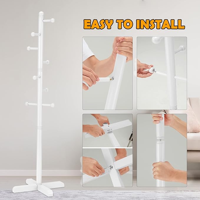 Kids Coat Rack, Freestanding Coat Racks with 8 Hooks 2 Adjustable Height, Tree Coat Rack for Bedroom, Hallway, Entrance, Office, Hats, Handbags,Purse (White)