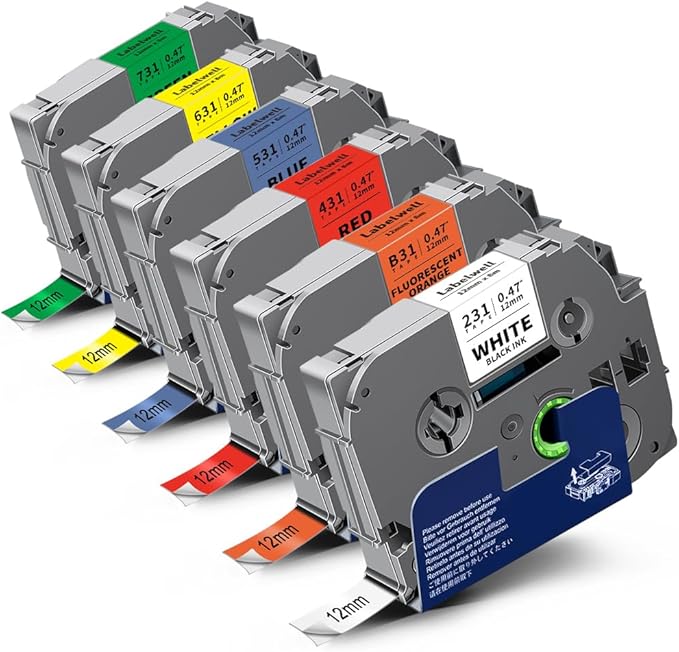 6-Pack TZ Tape 12mm 0.47 Laminated Compatible for P Touch Label Tape TZ TZe-B31 231 131 431 531 631 TZe231 for PTouch PT-H110 D210 D220 H103W, Flu.Orange/White/Red/Blue/Yellow/Green